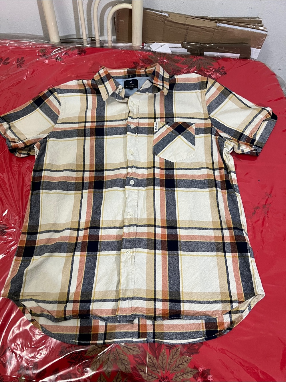 Ben Sherman Button Down Short sleeve Shirt Mens Sz L White Blue Beige, & Brown